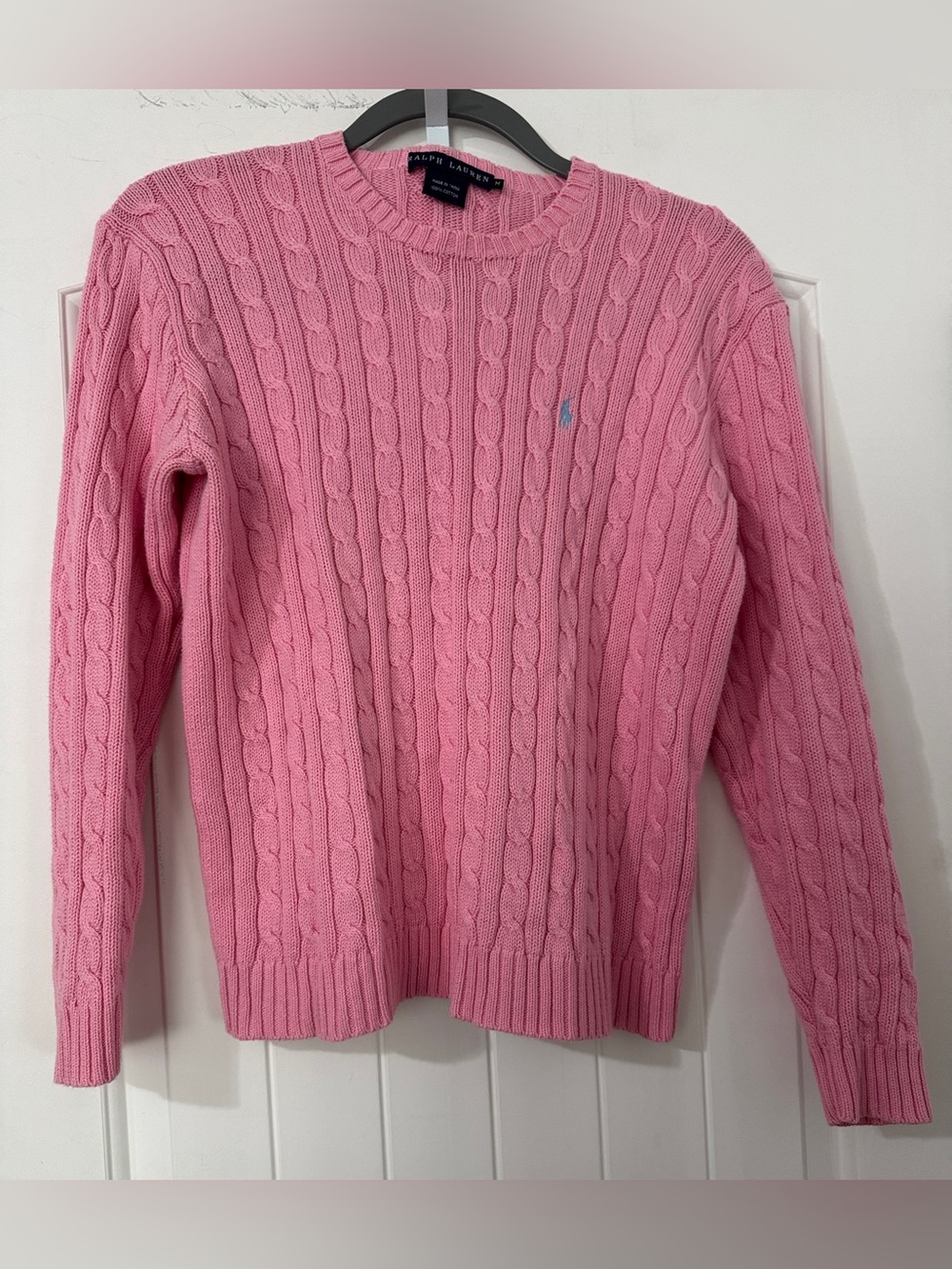 Ralph Lauren bubble gum pink sweater blue logo